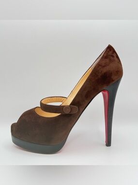 Christian Louboutin Maryl Brown Suede Peep Toe Mary Jane Platform Pump 37